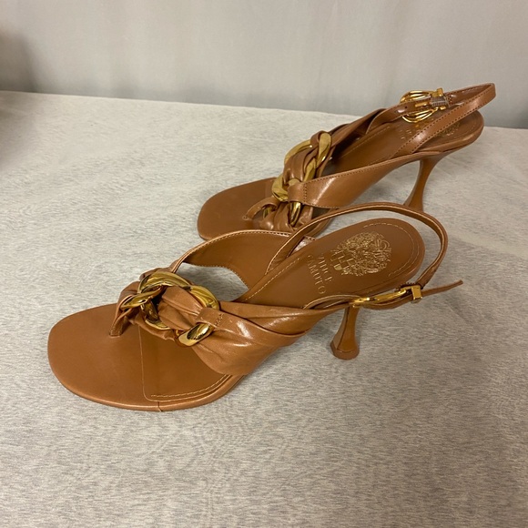 Vince Camuto Leather Heel Sandals with Gold Accents - Size 8 - Picture 2 of 11